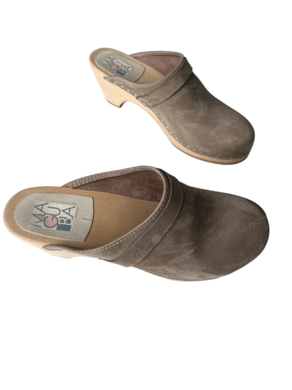 Maguba Berkeley Suede Swedish Mule Clogs l Taupe/Grey Wooden Sole 8.5/39